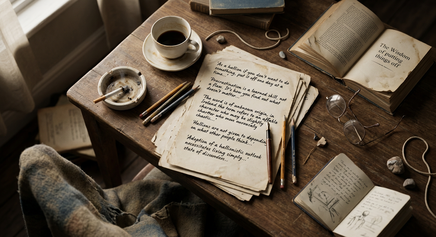 Elevenses — the hallion manifesto rendered in handwriting on scattered pages